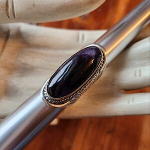 Amethyst Statement Ring with Filigree Detailing - Adjustable Modern Design